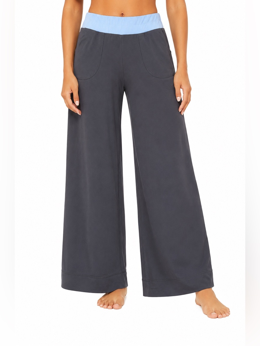 Lululemon Vintage Wide Leg Yoga Pants Size 8 Black Blue Waistband Groove Style